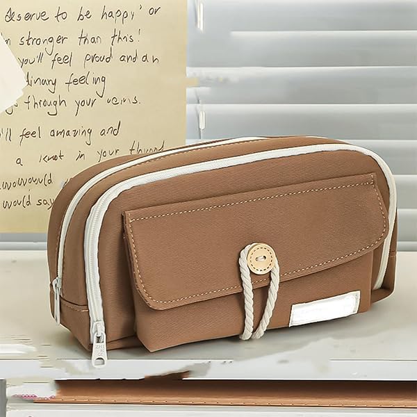Image of ZIBUYU Student Pencil Pouch Canvas Pen Storage Pouch Double Layer Zip-up Pencil Pouch Office Stationery Organizer Pouch Fashion Girls Boys Pencil Storage Pouch, 21x11x7.5cm, Coffee Brown