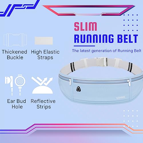 Image of USHAKE Slim Running Belt, Workout Fanny Pack for Men Women,Exercise Waist Pack for Apple iPhone Holder, Runner Belt for Running Walking Cycling Camping Gym Light Blue