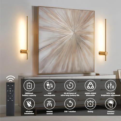 Image of Battery Operated Wall Sconce USB Rechargeable Sconces, 23.6 inch Brushed Gold Wireless Wall lamp Set of 2, 3000K-6000K & Dimming with Remote Control, LED Wall Lights for Living Room, Bedroom