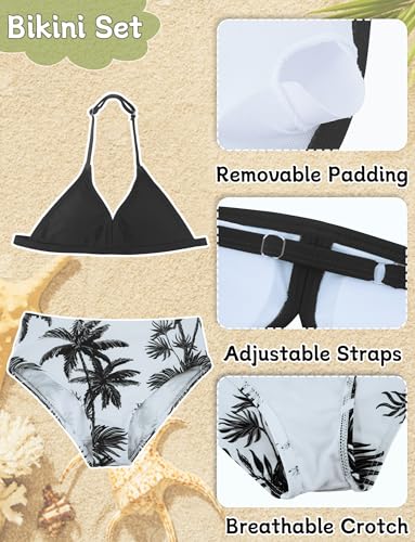 Happy Cherry Girl's 4PCS Swimsuits Tropical Print Halter Bikini Set Bathing Suits with Kimono and Cover Up Pant Boho Swimwear3