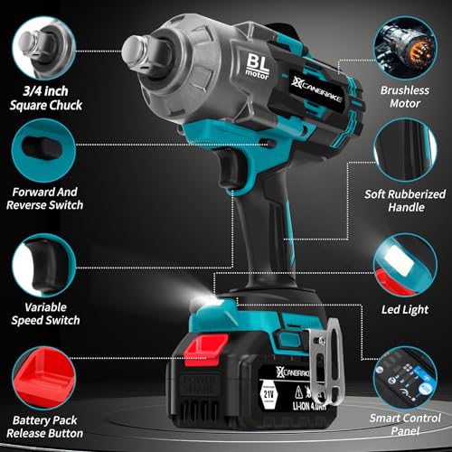 Canbrake 2000Nm(1500Ft-Lbs) Cordless Impact Wrench,3/4 Inch High Torque Brushless Impact Gun, 5500Rpm Power Battery Impact Wrench W/ 2 X 4.0Ah Battery, Fast Charger For Heavy Duty Truck Mower thumb #6