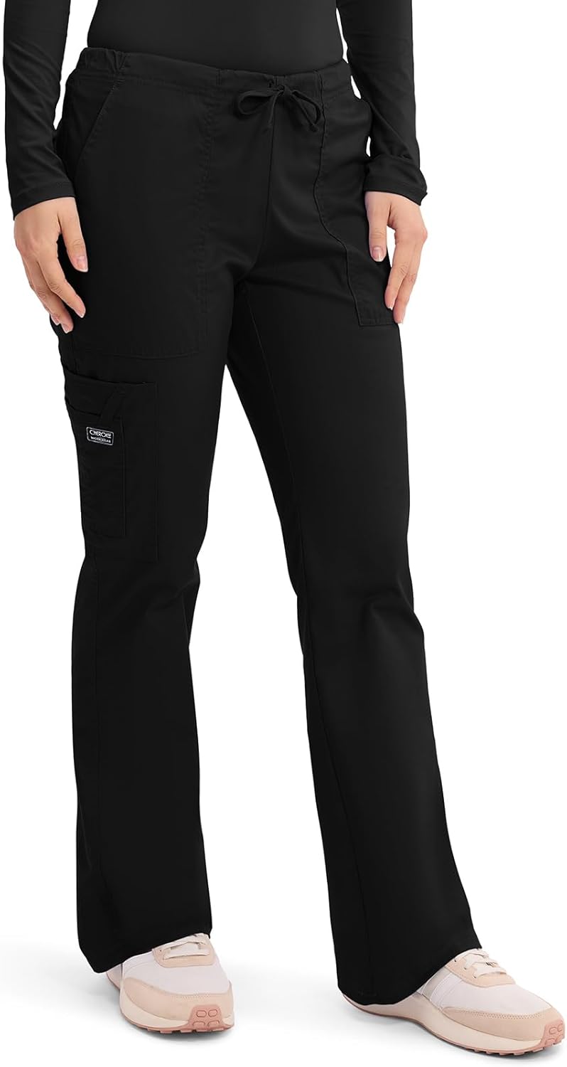 Cherokee Scrub Pants for Women Mid Rise Flare Leg Drawstring Cargo Medical Uniform 4 Pocket Durable Easy Care Stretch - 4044 - Image 5