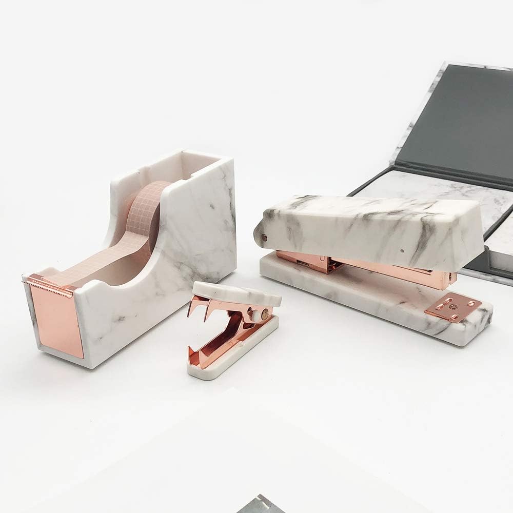 Marble Print Rose Gold Stapler Staples Remover Tape Dispenser Holder Set Office Desk Executive Manual Stationery Gift Kit for Desktop Accessories Supplies (Marble Print Rose Gold Tone)