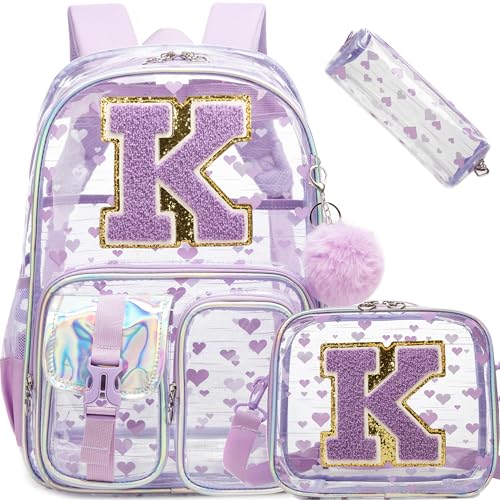 HTgroce Purple K Heavy duty Clear Backpack Kids Transparent Backpacks for School Girls Elementary Bookbag Stadium Concert College Approved See-Through School