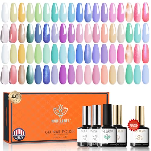 Modelones 40 Pcs Gel Nail Polish Kit, 36 Colors Dreamy Macaroon Pastel Gel Polish Colors Set Soak Off LED Soft Summer Bright Purple Pink Blue Yellow Green with Base Coat&amp; Matte Glitter Glossy Top Coat