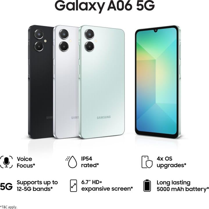 Image of Samsung Galaxy A06 5G Light Gray 4GB RAM 64GB ROM with 6.7 inch HD Plus 90Hz Display, 50MP Dual Camera, 8MP Front Camera, MTK D6300 Processor, 5000mAh Battery, Side Fingerprint, One UI 7.0