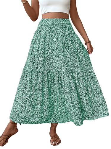 Women's Summer Floral Maxi A-Line Boho Skirt, Summer for Women 2025 Vacation Boho Floral Tiered (1,Green Flowers)