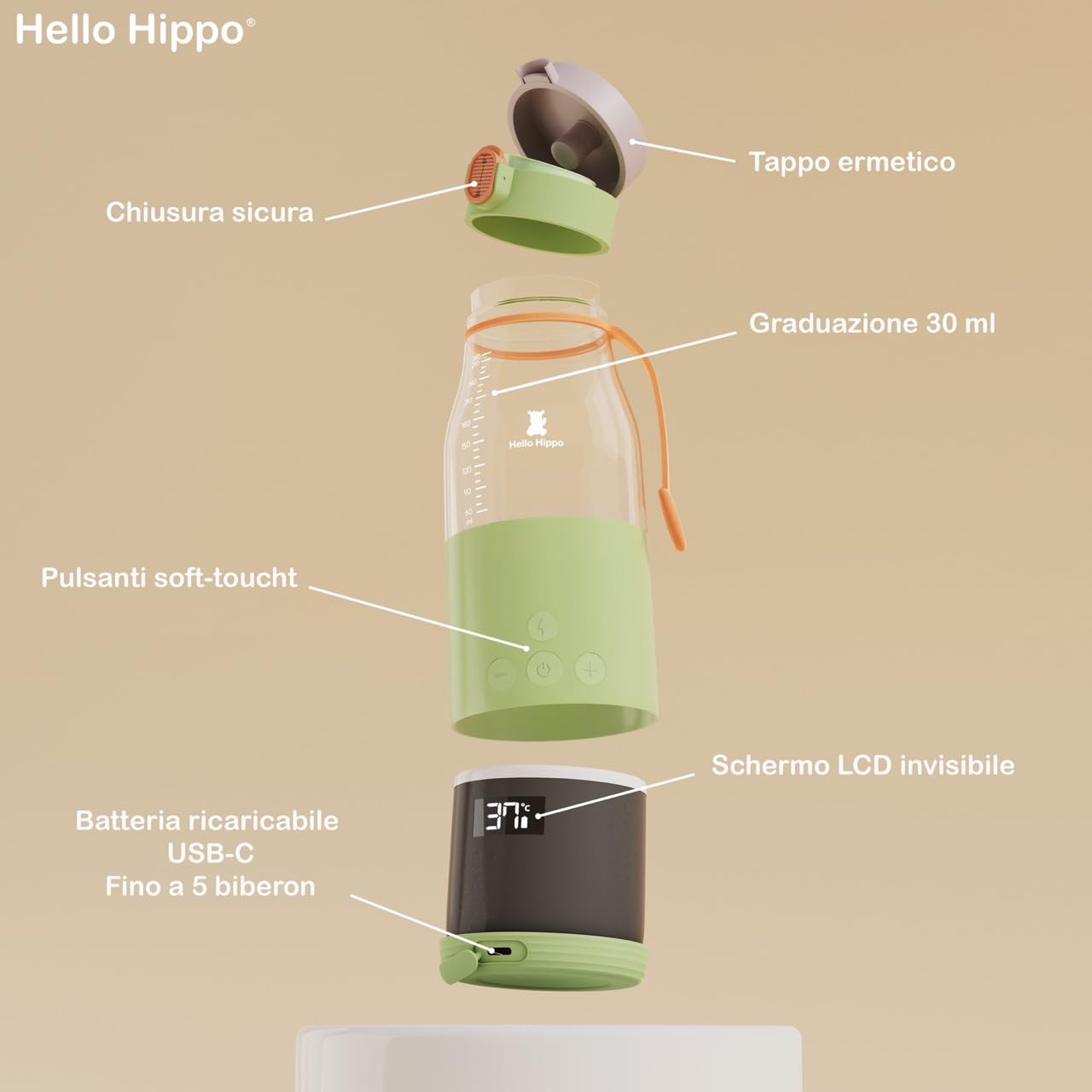 HELLO HIPPO® Premium Scaldabiberon portatile Carica USB - Scaldabiberon nomade per latte e acqua - Capacità 280 ml - incrementi di 30 ml - Temperatura regolabile fino a 50°C - Pratico e leggero