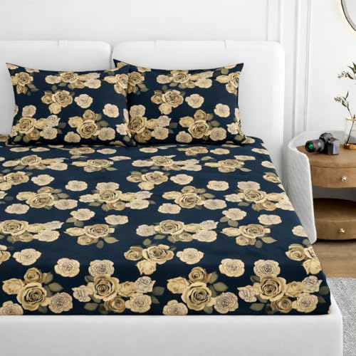 Image of Elastic Fitted King Size Bedsheet Cotton for Double Bed | 72 inchx78 inch +10 Inch, Floral, Soft & Breathable, Fade & Shrink Resistant, 2 Pillow Covers | Midnight Rose Elegance, Navy Blue