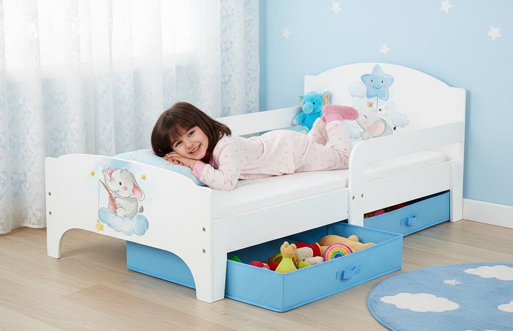 Leomark SMART Einzelbett aus Holz - Baby Elephant - Kinderbett mit Schubladen für Bettwäsche mit Matratze, Stauraum, Rausfallschutz Lattenrost, Liegefläche 140 x 70 cm