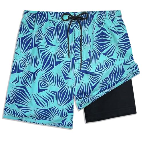 LUCOWEE Mens Swim Trunks with Compression Liner Anti Chafe Boxer Brief Lined Swimming Trunks Bathing Suits UPF 50 Stretchy 7 inch Inseam Swimsuit Shorts Green Palms Navy Medium3