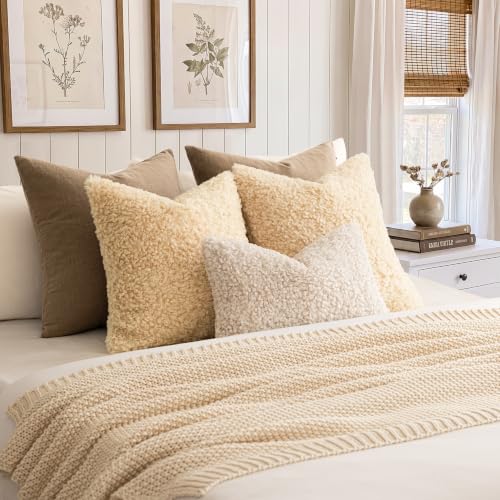 Image of Foindtower Set of 2 18x18 Inch Light Yellow,Faux Fur Throw Pillow Cover Accent Sherpa Furry Pillow Covers Fuzzy Soft Pillowcases Cozy Sheepskin Decorative Fleece Cushion Case for Bed Couch Living Room
