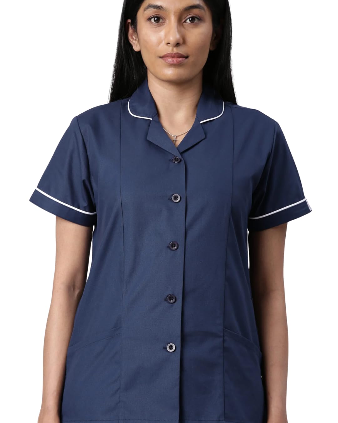 Women's Nursing Uniform Top, Button-Front, Contrast Piping, Patch Pockets (IN, Alpha, S, Regular, Navy)-image-44