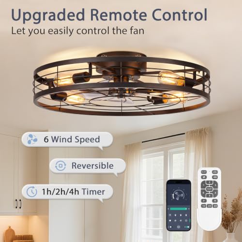 Image of VOLISUN 27.6'' Caged Ceiling Fan with Light and Remote,Rustic Low Profile Ceiling Fan with Light Flush Mount, Farmhouse Bladeless Fandelier Ceiling Fans with Lights for Kitchen,Bedroom-Black