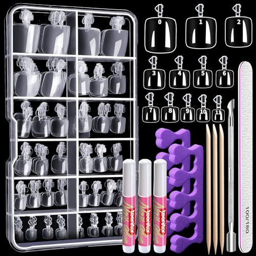 Teenitor Press On Toenail Tips with Glue, Clear False Toenails Kit, Acrylic Toe Tips