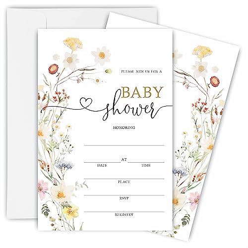 TPYEN Boho Wild Flower Baby Shower Invitations, Baby Shower Fill-In Invitation Cards With Envelopes - Gender Reveal Party Decorations & Supplies-B02