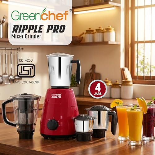Image of Greenchef Ripple Pro Mixer Grinder - 3 SS Jars with SS Blades,Juicer Mixer Jar,1HP power, 230-240v,18000 RPM,Red Color,ISI Certified,Heavy Duty Motor,5 Year Warranty on Motor
