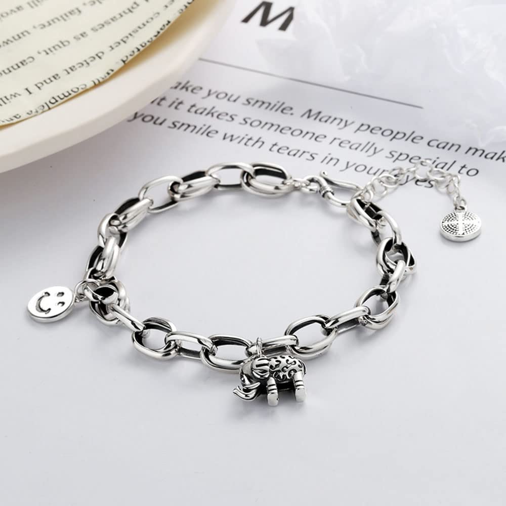 Bracciale A Maglie Grosse in Argento Sterling 925 personalità Bracciale con Faccina Elefante retrò Gioielli di Tendenza alla Moda per Gli Amanti dei Gioielli in Argento