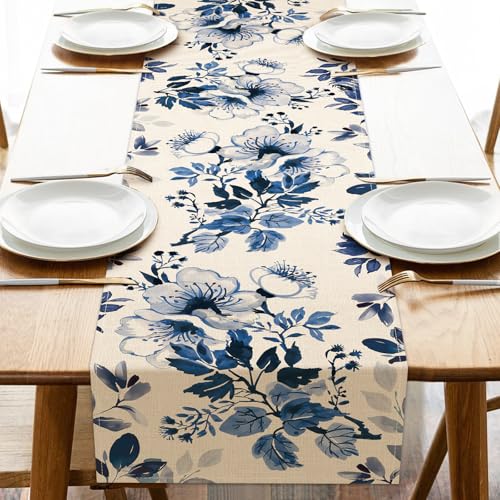 Croar Blue Vintage Flowers Dining Table Runner, Watercolor Retro Floral | Burlap Kitchen Decoration, Spring Summer Indoor Outdoor Home Decor Party Supply 13 x 72 Inches