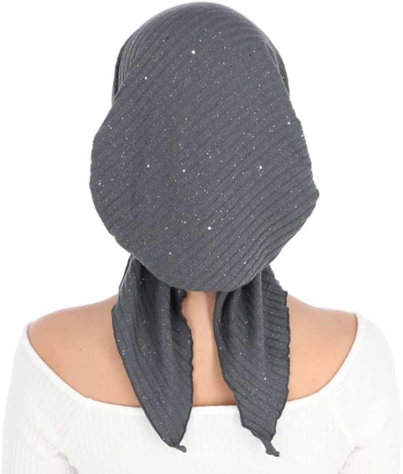Pretied Head Scarves for Women Featuring A Unique Sparkly Foil Finish and Stretchy Ribbed Fabric