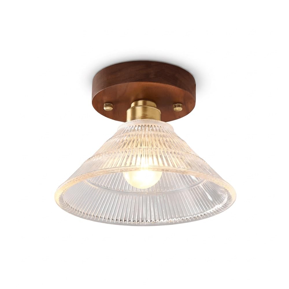 MESOVFCA Mid Century Modern 7.9-Inch Flush Mount Ceiling Light, Ribbed Glass Cone Shade Wood Base Metal Socket, Retro Indoor Hanging Lamp for Entryway Hallway Staircase Balcony Gallery E26