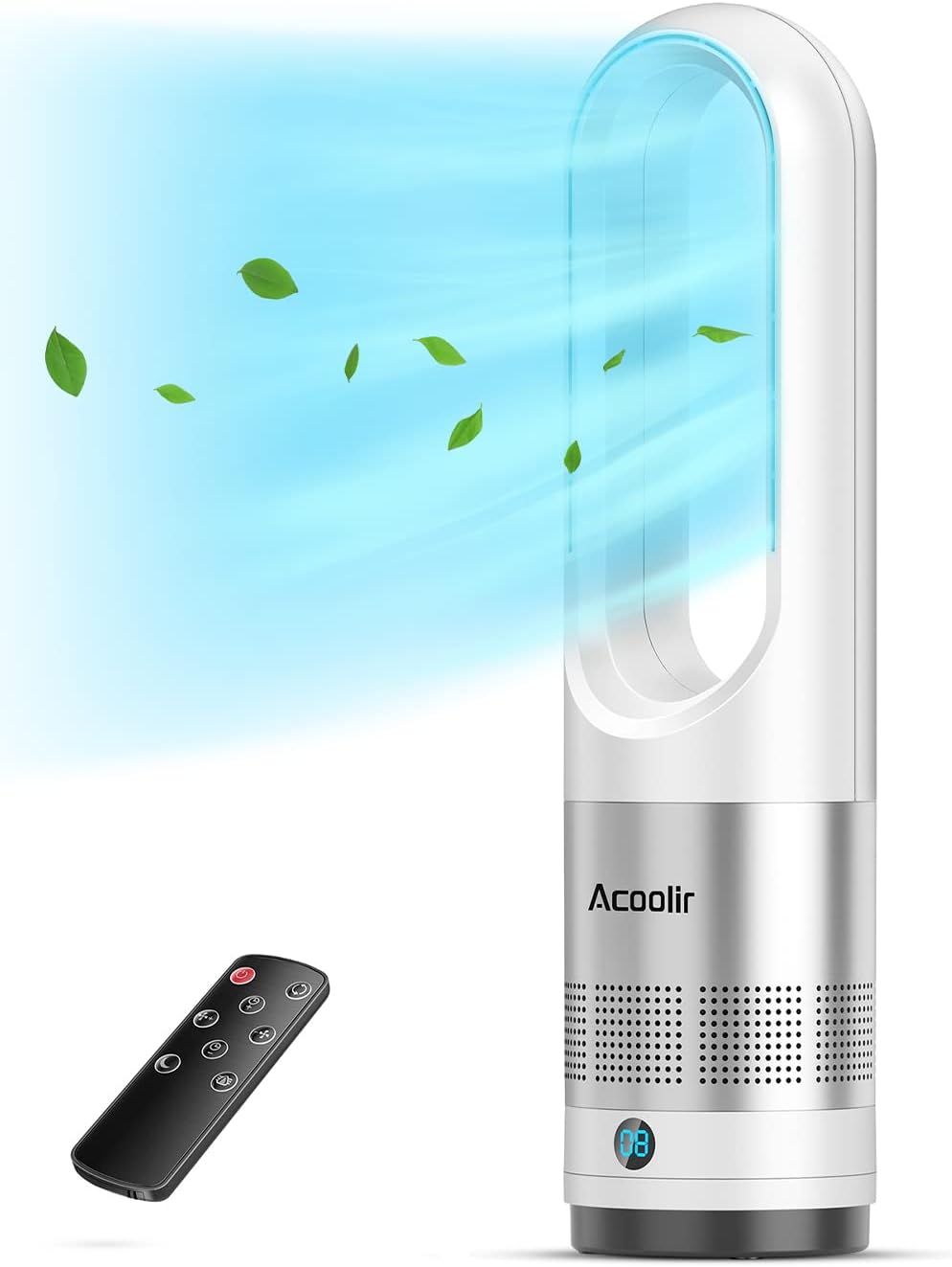 Acoolir Tower Fan, 22" Bladeless Fan with Remote, LED Display with Auto Off, 8 Speeds, Quiet Cooling, 9H Timer, 80°Swing, Easy to Clean, Space-Saving, Portable Oscillating Fan for Home, Office