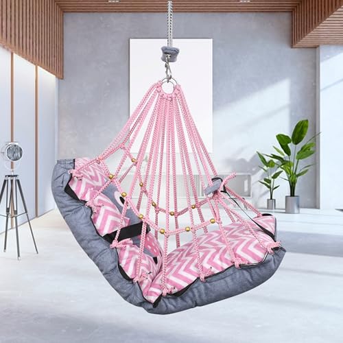 Image of Sprointal Swing for Kids Swing Cotton Baby Children Folding and Washable 1 to 5 Years Swing Gift Jhula with Safety Belt Easy to Carry & Fun Cradle Chair |Home Garden (Pink Night Owl)