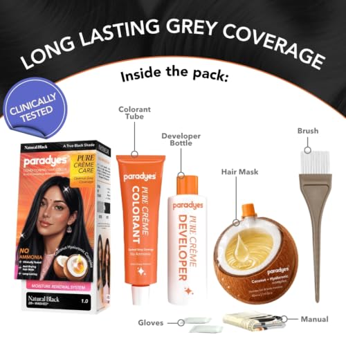 Image of Paradyes Pure Creme Care No Ammonia Hair Color Natural Black 1.0 | Long-Lasting Creme Formula | Grey Coverage | Coconut Milk + Almond Oil + Hyaluronic Complex | Smooth & Shiny Finish | 120g+40 ml