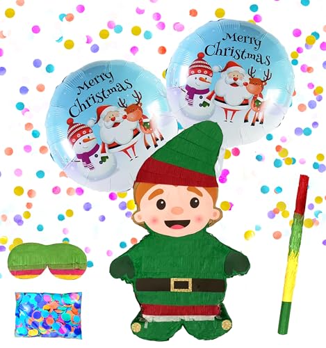 Elf Pinatas,Whimsical Christmas Decorations for Themed Celebrations and Holiday Party Games Includes Busterstick, Blindfold, Confetti and 2 Merry Chirstmas Ballons