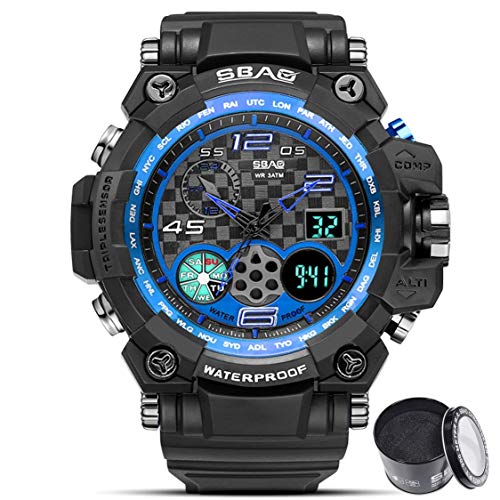 Digital Watch SBAO Watch Men's Luxury Analog Quartz Dual Display Watch Waterproof Sports Military Digital Led Army Tactical Wrist Watch (Black Blue)