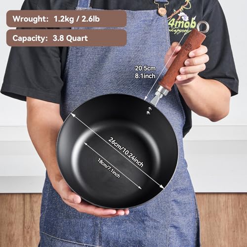 WANGYUANJI 10.24 Inch Iron Wok with Glass Lid, Flat Bottom Uncoated Wrought Iron Stir-Fry Pan, Deep Lightweight Wok Skillet with Wooden Handle for Gas, Electric & Induction Cooktops