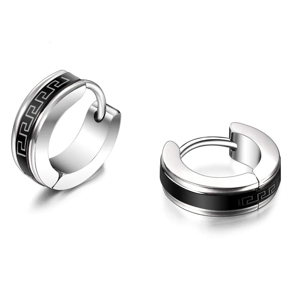 Stainless Steel Black Greek Key/Rome Pattern Hoop Earrings For Mens Classic