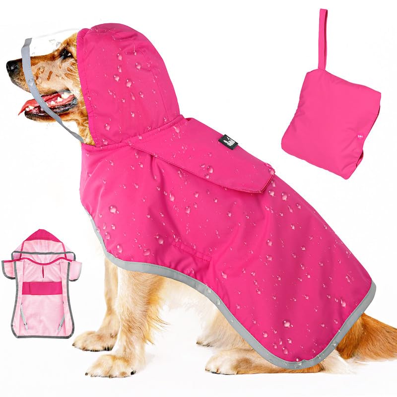 SlowTon Dog Raincoat, Adjustable Dog Rain Jacket Clear Hooded Double Layer, Waterproof Poncho with Reflective Strip Straps and Storage Pocket for