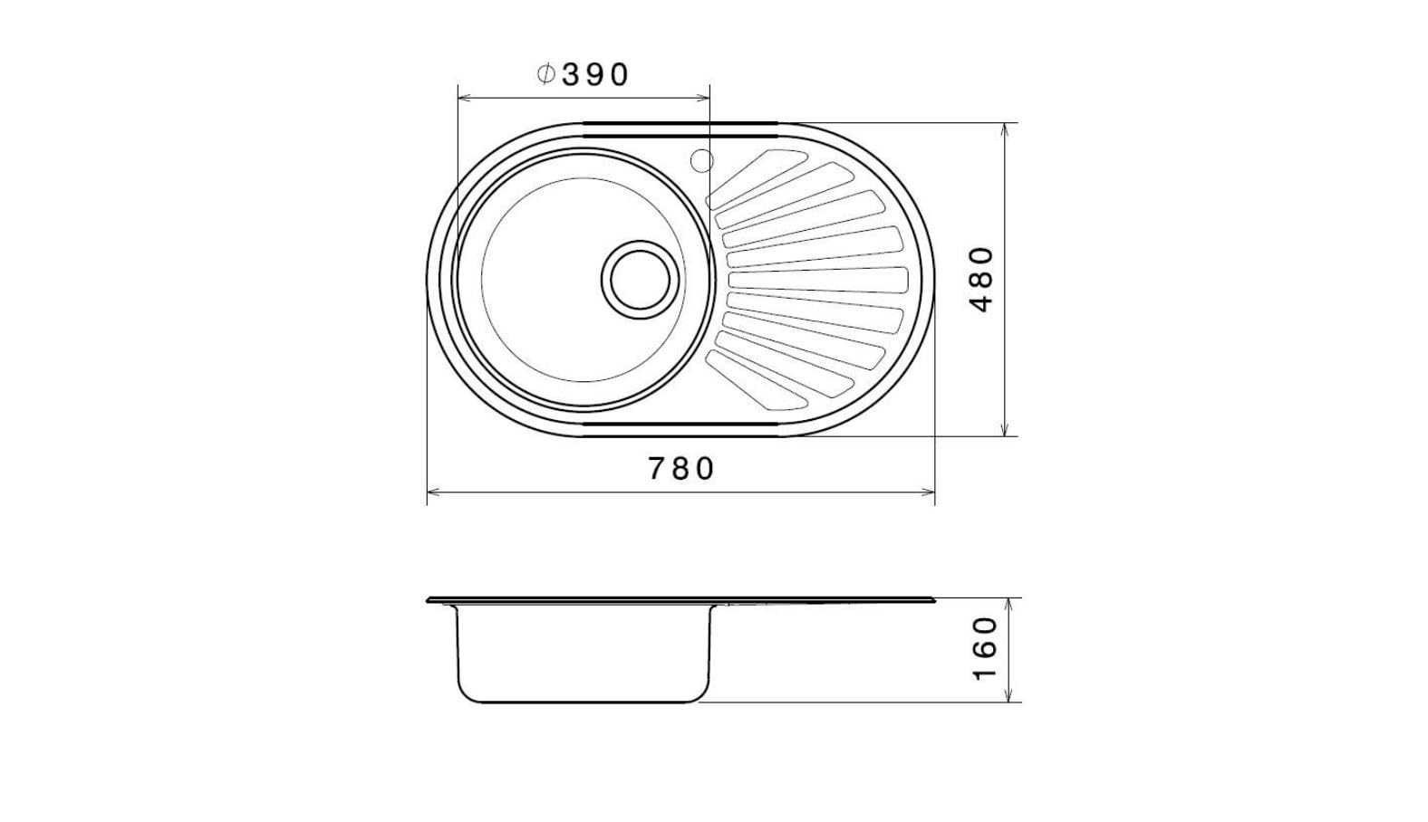 Edelstahlspüle 780 mm 1 Becken reversibel inkl. Excenterbedienung Abtropffläche Überlauf