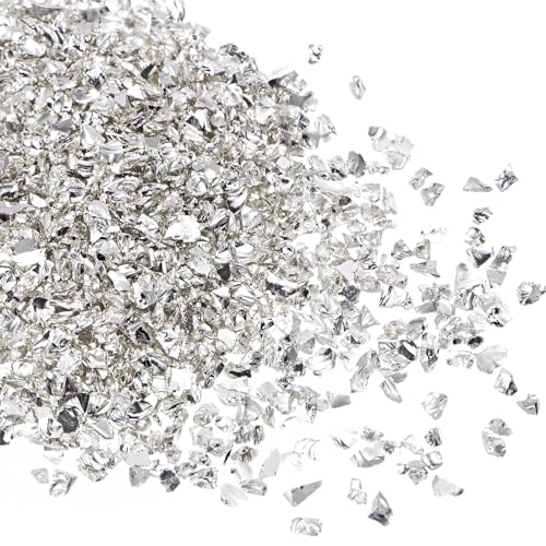 Kozelo Virutas de Vidrio Triturado - [2-4mm x 20g] Irregulares de Vidrio Metálico Tono Plateado para Decoración DIY y Uso en Arte de Uñas Superficie Electrochapada
