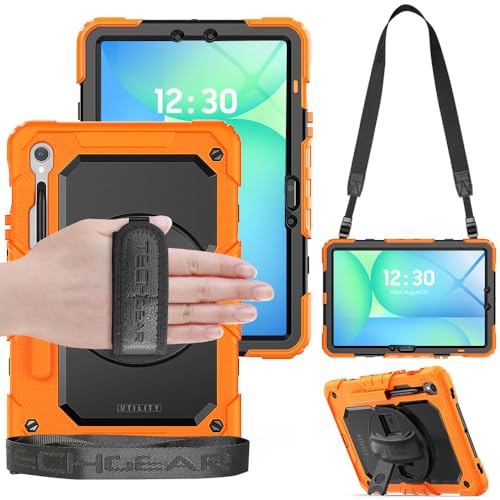 TECHGEAR Utility Case for Samsung Galaxy Tab S10 Lite, Tab S10 FE 2025 & Tab S9 FE 10.9" Rugged Heavy Duty Armour Shockproof Case with S-Pen Holder, 360 Stand, Hand & Shoulder Strap - Orange