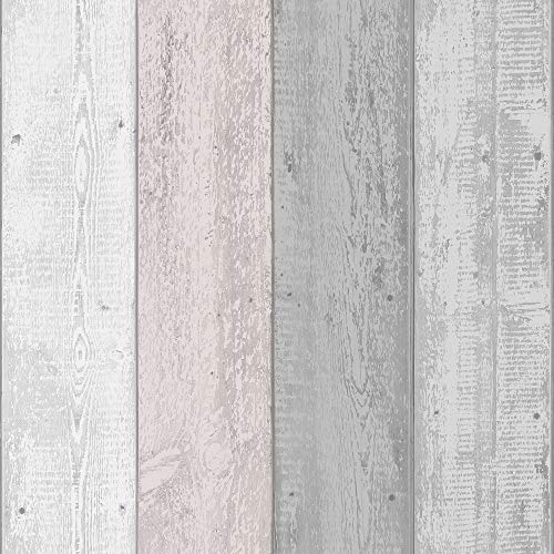 Arthouse Pink & Gray Painted Wood Effect Wallpaper - Shiplap EffectWide Wood Planks - Wood has a Natural Beauty of its own - Palette of Grays & Pinks Softens & Introduces a Light & Airy Feel 902809
