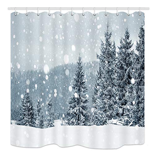 Nymb Country Farmhouse Winter Forest Shower Curtain, Xmas Pine Tree In Snow Natural Scenery, Polyester Fabric Waterproof Chrismas Bath Curtain Gray Bathroom Accessories, 69X70In, Hooks Included #TOP7