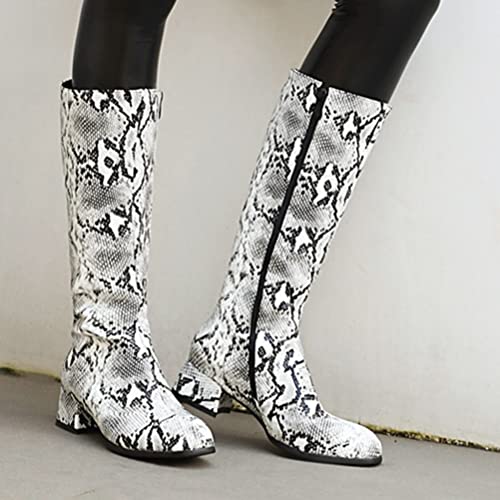 Snakeskin Knee High Low Heel Boots Women Colorful Snake Print Boots Round Toe Side Zipper Block Chunky Heel Boots3