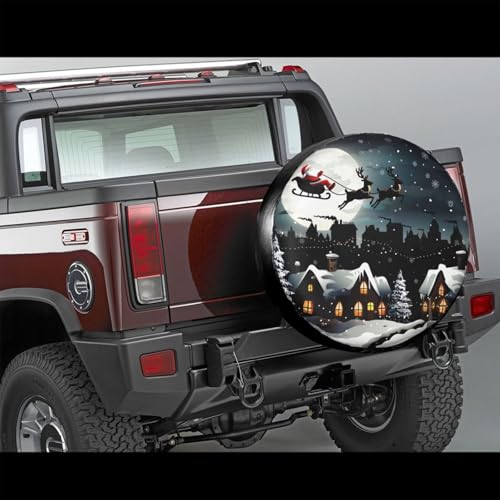 Image of Winter Santa Claus Flying Spare Tire Cover for Rv Trailer Camper- Cute Xmas Winter Waterproof Wheel Protectors Cover Universal Fit for Truck SUV Travel New Year Outdoor-16 inch