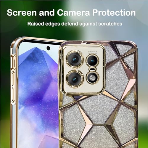 Image of VONZEE Gradient Glitter Case for Moto Edge 50 Pro, Luxury Electroplated 3D Cube, Diamond Bling Shiny Soft TPU Clear Shockproof Case Women Girls Protective Phone Cover (Gold)