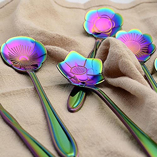 Image of Stainless Steel Creative Tableware Flower Dessert Spoon,Sugar Spoon,Mixing Spoon,Tea Spoon,Stirring Spoon,Cake & Ice Cream Spoon,Stir Bar Rainbow Spoons -Set Of 6 (Random) - 13 Cm