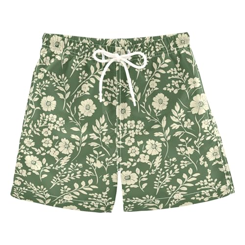 JUNZAN Autumn Flowers Peonies Sage Green Boys Swim Shorts Quick Dry Boys Boardshorts Kids Swimwears Son's Presents 2T