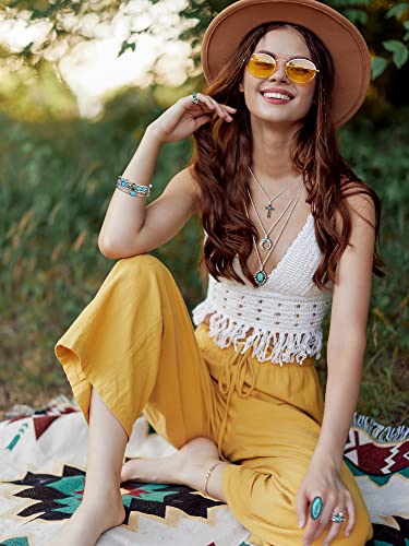 Image of Ecally Bohemian Western Jewelry Turquoise Set Women Country Pendant Long Choker Layered Bracelets Earrings Ring for Women