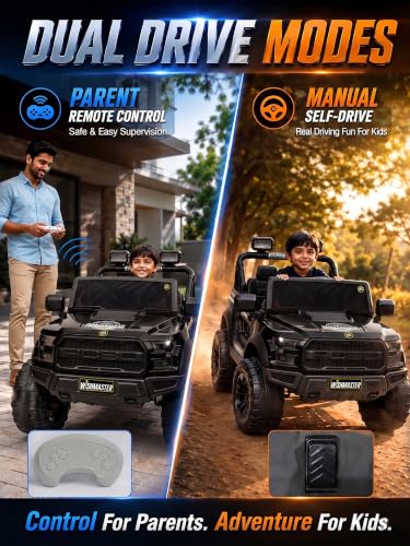 Image of Wishmaster Driving 4 Motor EV Cars for 1, 2, 3, 4, 5, 6, 7, 8 Years Boys & Girls | Remote + Steering + Mobile App Control | Kids Jeeps (Medium Size F-Raptor [1-8 Year Kids])