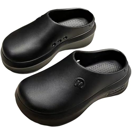Women's Solid Color Platform Muels, Trendy Closed Toe Slip On Chef Work Shoes, Lightweight Anti-Slip Sandals (Black,7)