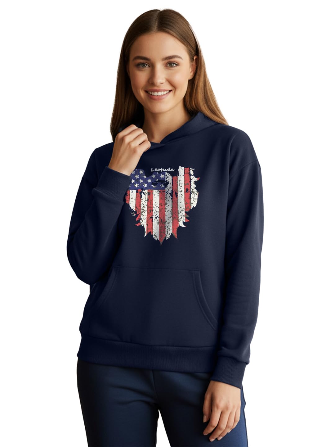 leotude Women's Full Sleeve Hooded Neck Loopknit Printed Sweatshirt Hoodie for Women (Navy Blue)-picture-36