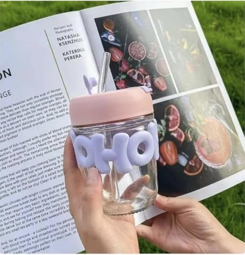 Image of HoHo Glass Mug Shaker with Silicone Holster, Lid and Straw, for Iced or Hot Drinks, Smoothies, Juices, and Iced Coffee