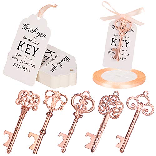 Whaline 50 Pcs Key Bottle Opener Bulk Assorted Rose Gold Vintage Skeleton Keys with White Tag Cards, 25 Yard Rose Gold Ribbon for Guests Wedding Favor Bridal Baby Shower Bachelorette Party Supplies