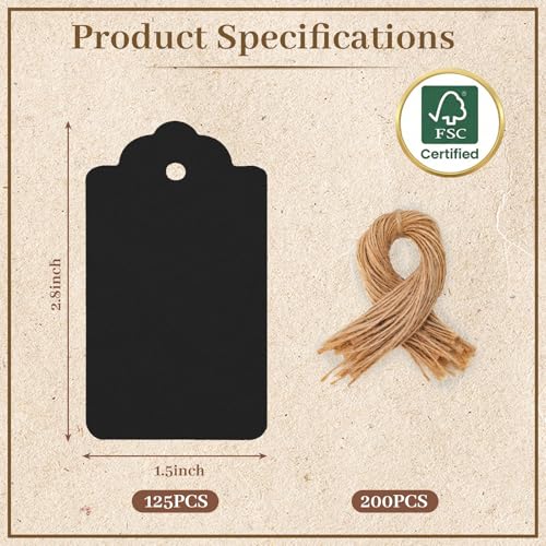 Image of SallyFashion 125pcs Black Paper Gift Tags with Free 200 Root Natural Jute Twine